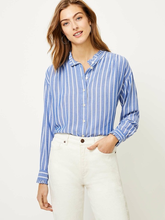 LOFT Tops - Loft blue and white stripe button down shirt with ruffled collar